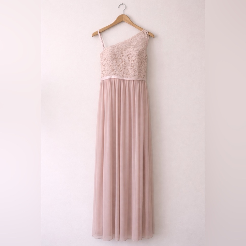 David’s Bridal Cameo Pink One Shoulder Lace Chiffon Gown Size 10 Formal Dress - Picture 2 of 9